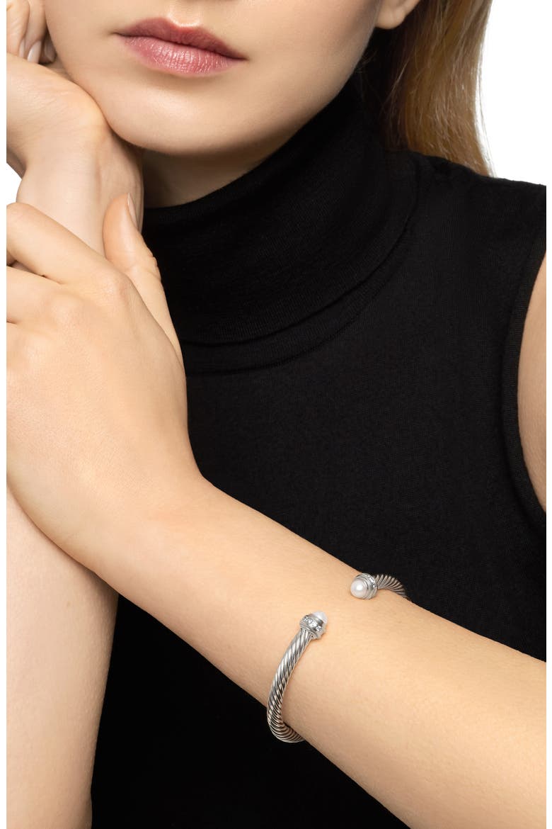 Classic Cable Bracelet in Sterling Silver with Semiprecious Stones & Diamonds, 5mm, Alternate, color, PEARL