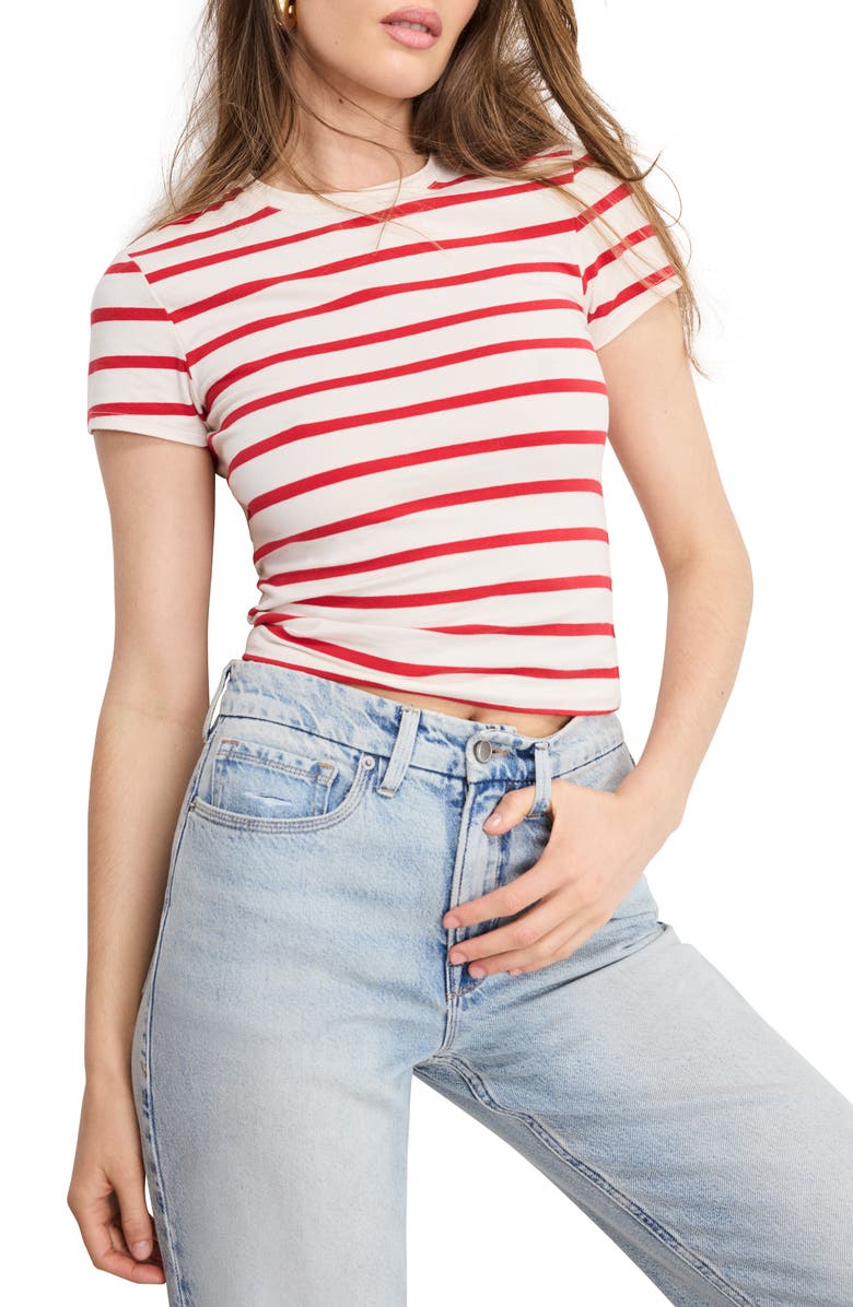 Good American Super Stretch Cotton Blend T-Shirt, Main, color, Ecru Chili Wide Stripe