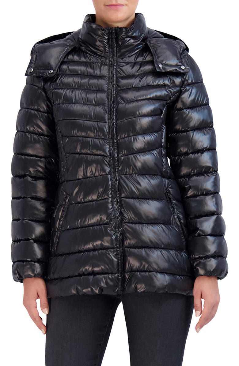 Cole Haan Pearlized Mixed Quilt Hooded Puffer Coat, Main, color, 
