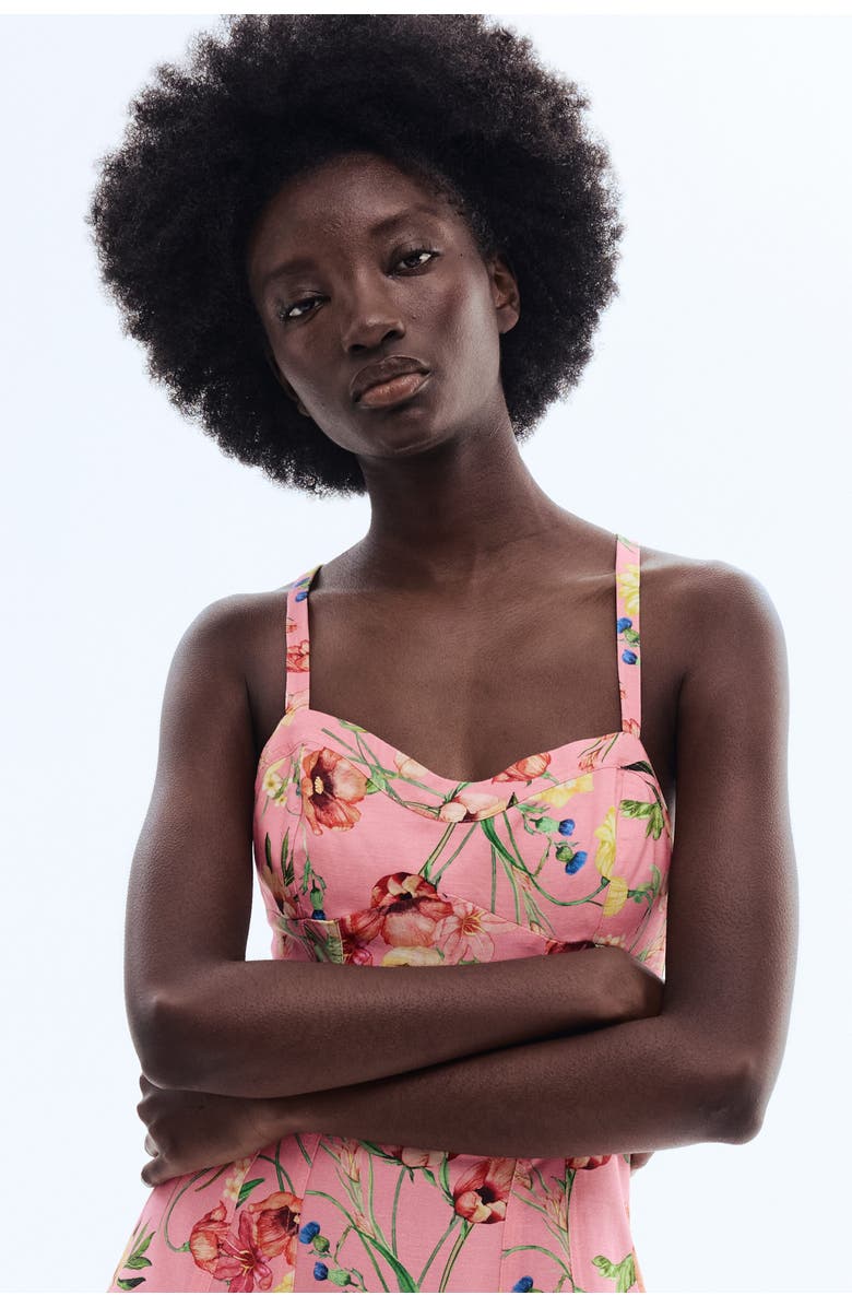 H&M Flared Linen-blend Dress, Alternate, color, Light Pink/Floral