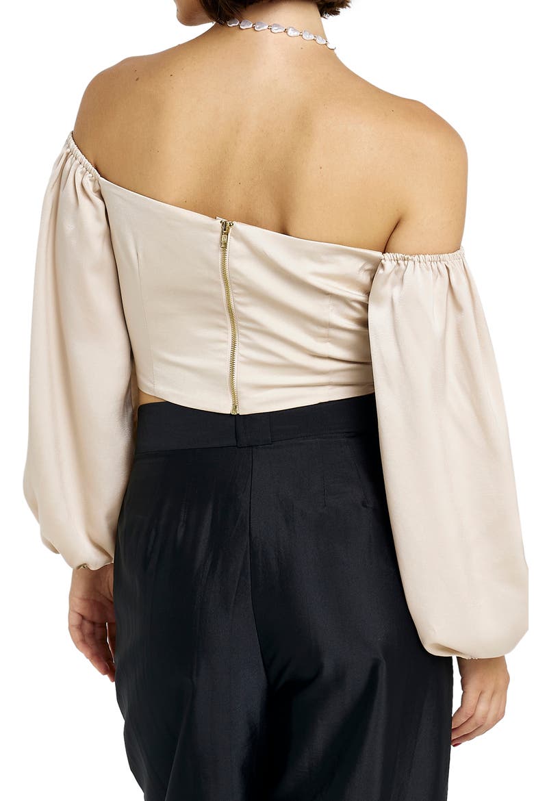 Off the Shoulder Long Sleeve Satin Corset Crop Top, Alternate, color, LIGHT BEIGE
