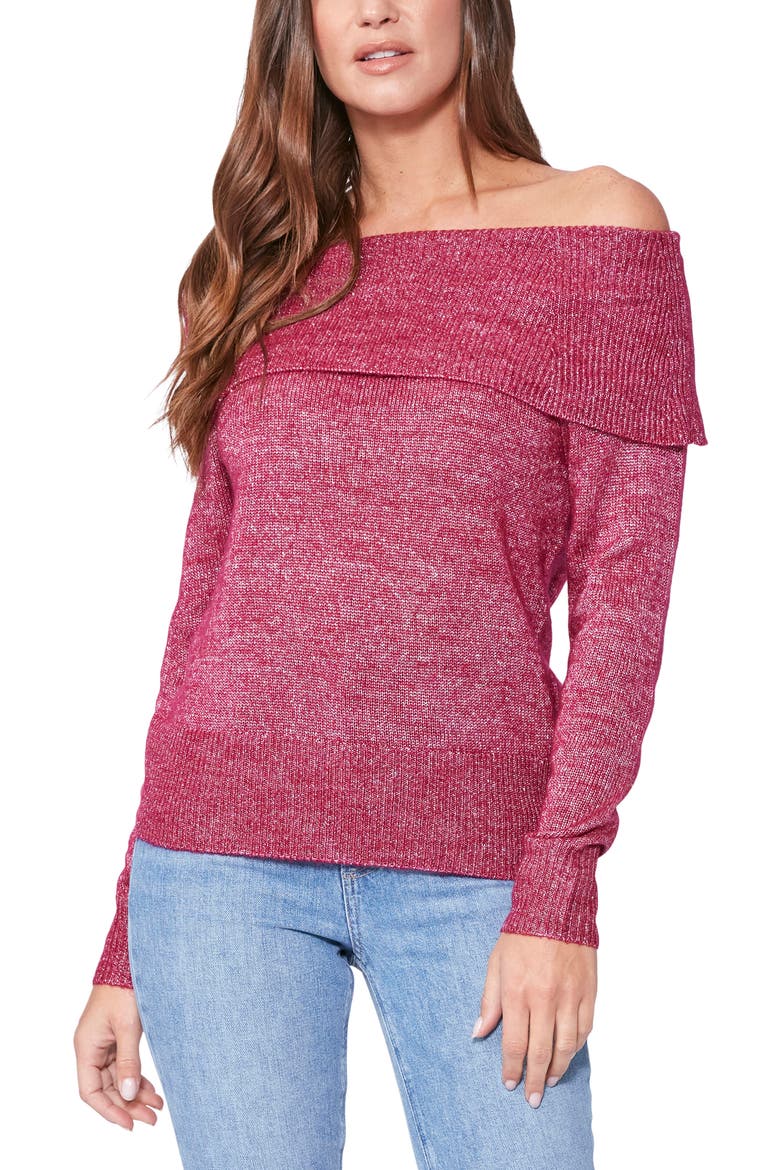 Izabella Metallic Mélange Off the Shoulder Sweater, Main, color, BRIGHT PINK W/ SILVER