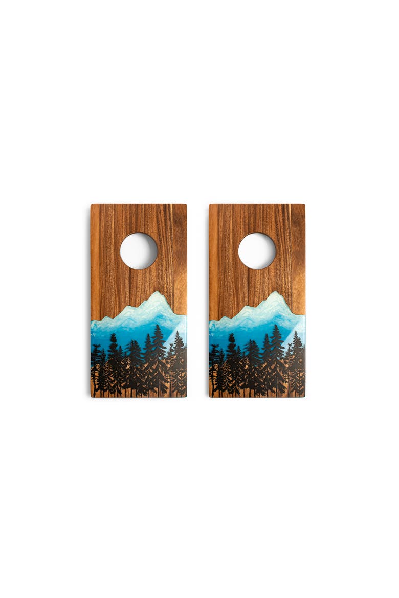 1ft x 2ft One of a Kind Green Pearl Epoxy Resin Wood Compact Travel Cornhole Board Set, Alternate, color, Mountain Blue
