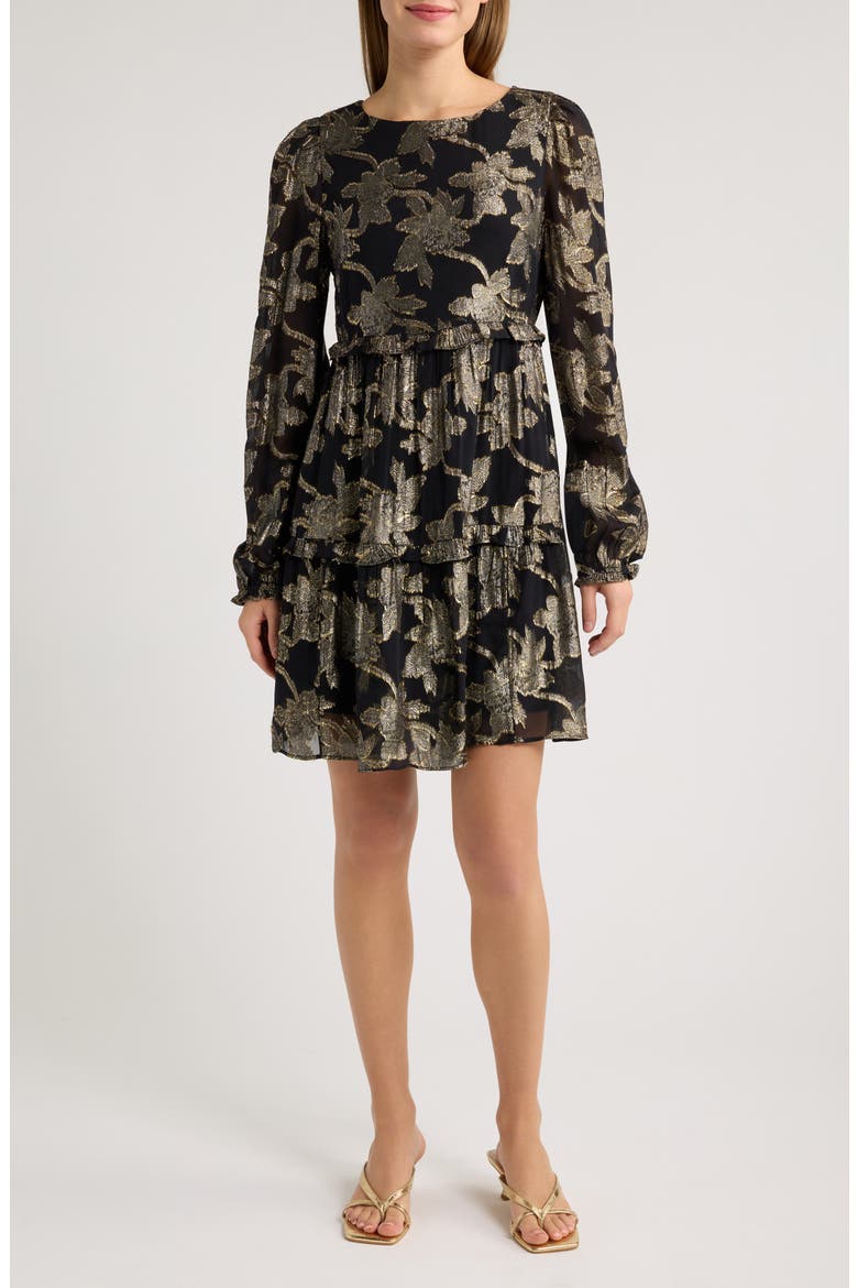Cecile Long Sleeve Metallic Minidress, Main, color, NOIR FALLING FLORAL
