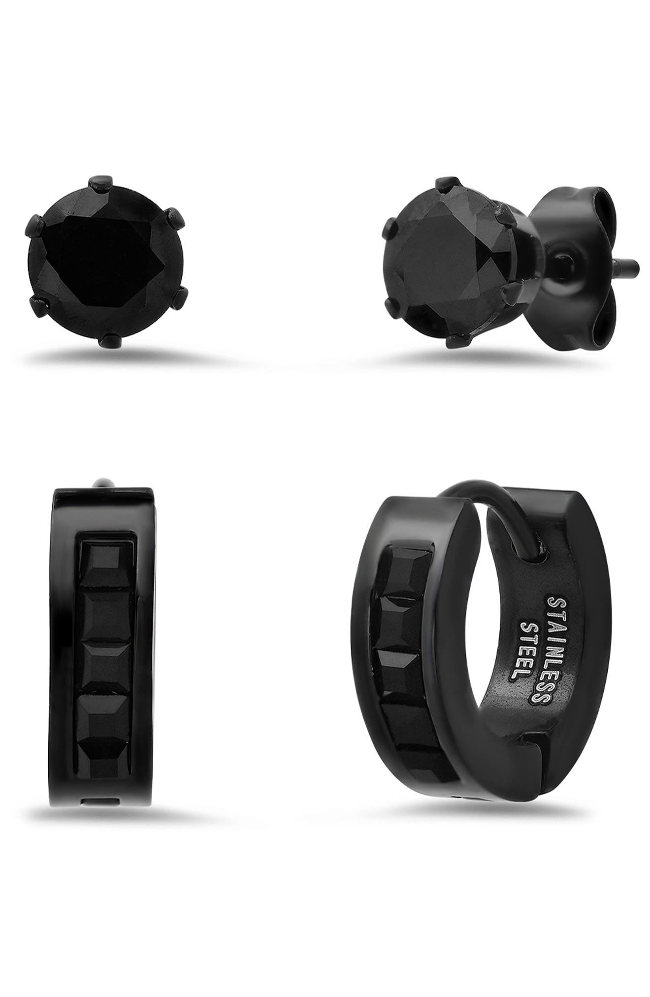 HMY JEWELRY Men's Black Stainless Steel Crystal Stud & Huggie Hoop Earrings