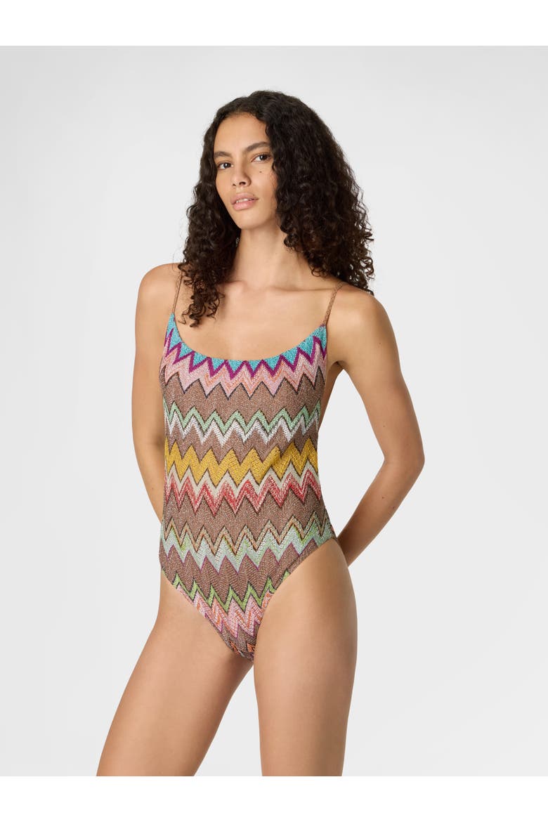 One-piece Swimsuit In Lamé Viscose With Macro Zigzag Pattern, Alternate, color, Black & Multicoloured