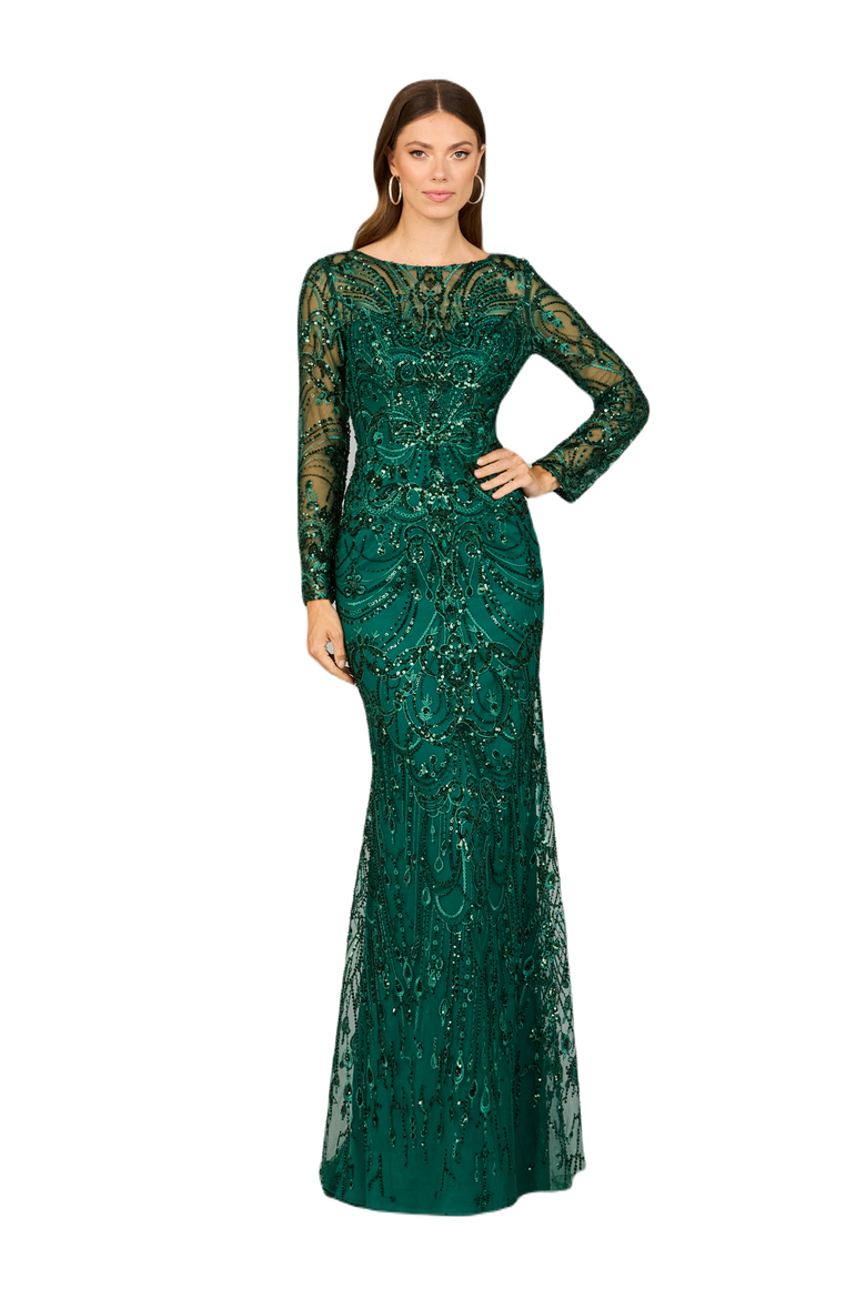 Long Sleeve Lace Gown, Main, color, Green