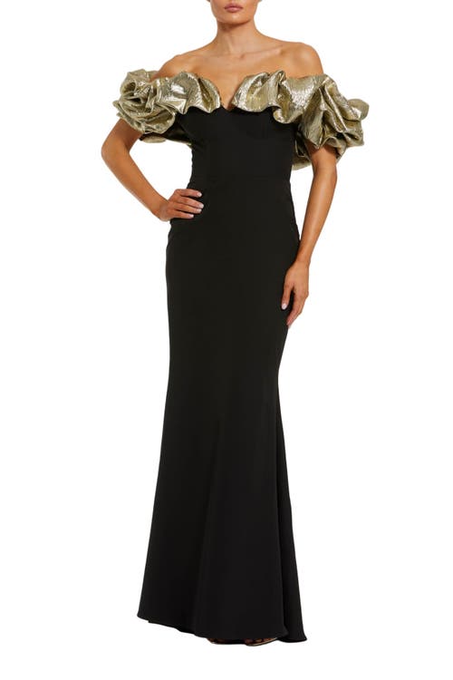 Mac Duggal Crepe Mermaid Gown With Off The Shoulder Ruffle In Black