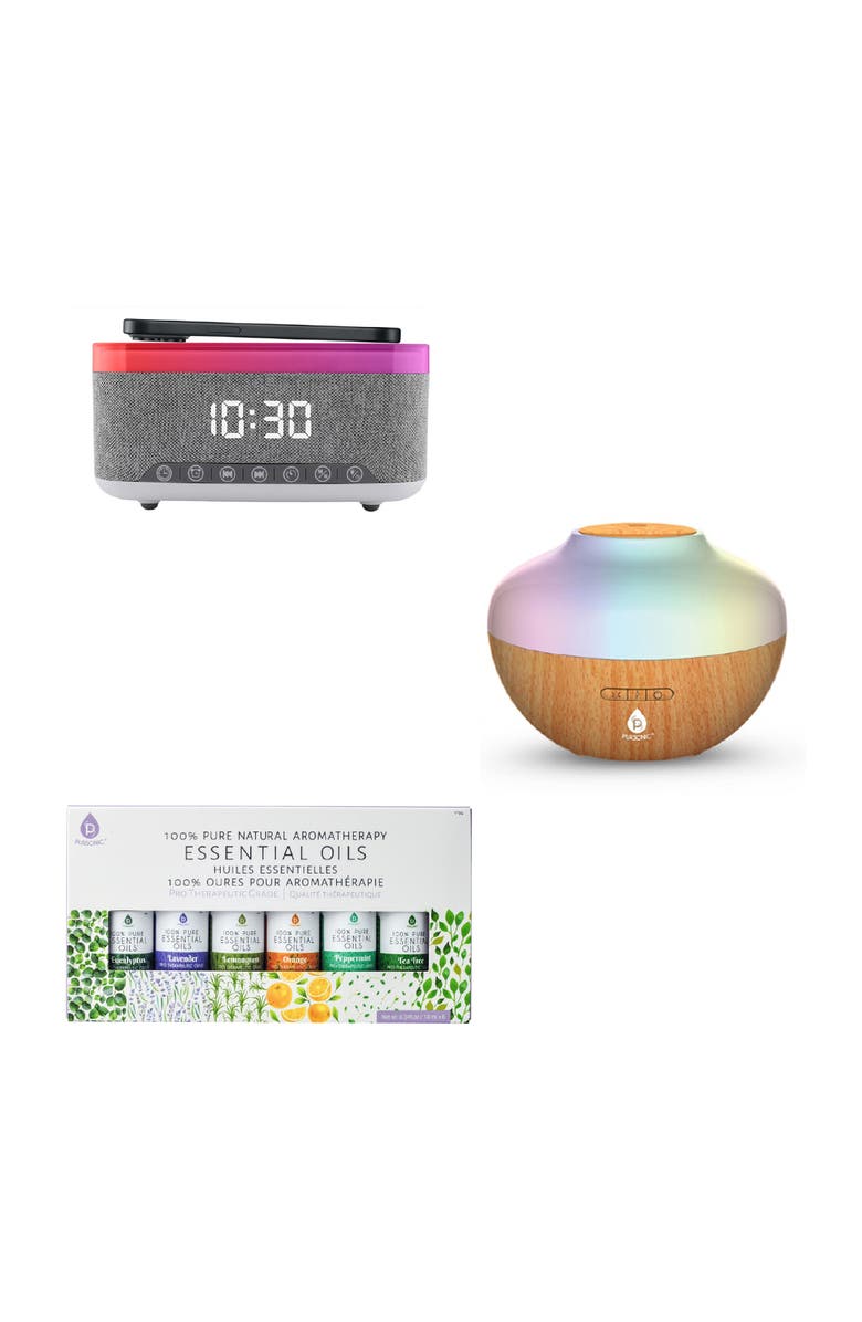 PURSONIC Ultimate Relax & Recharge Set - Alarm Clock Wireless Charger Radio + Aromatherapy Diffuser & 6 Oils, Main, color, White