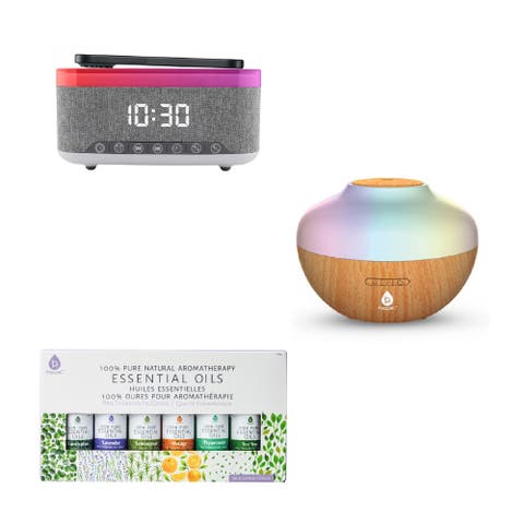 Ultimate Relax & Recharge Set - Alarm Clock Wireless Charger Radio + Aromatherapy Diffuser & 6 Oils