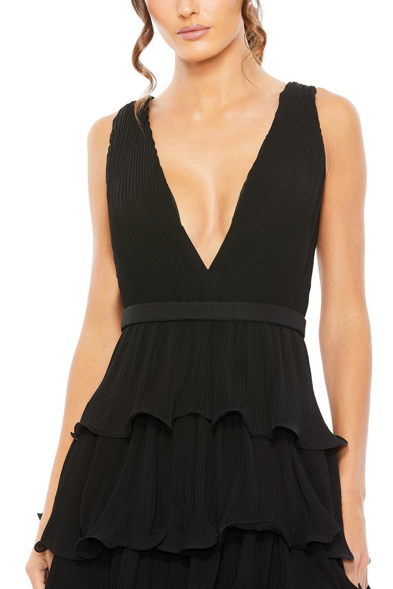 Sleeveless Ruffle Tiered V Neck Gown, Alternate, color, BLACK