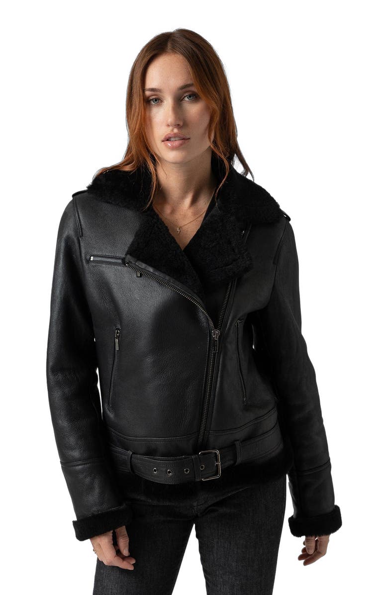 Saint + Sofia Spitfire Shearling Jacket, Main, color, Black