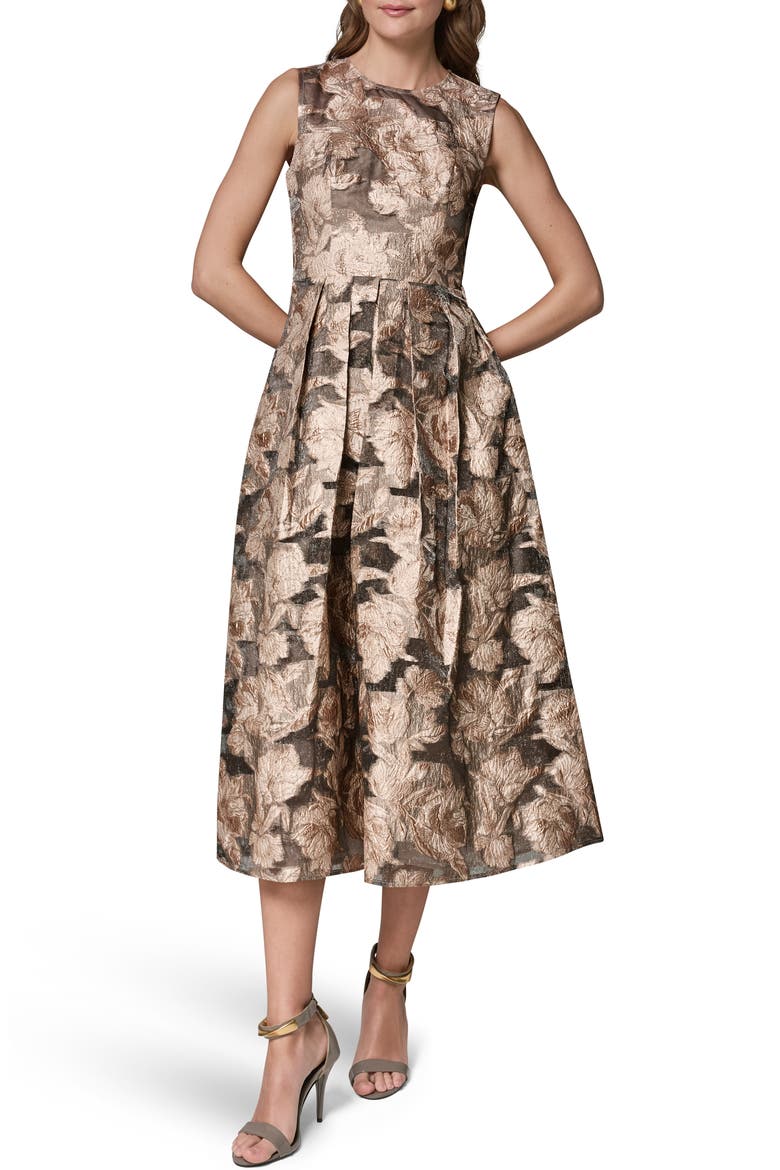 Floral Metallic Jacquard Cocktail Midi Dress, Main, color, SNOW PETAL