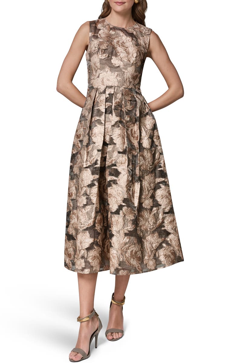 Donna Karan New York Floral Metallic Jacquard Cocktail Midi Dress, Main, color, Snow Petal
