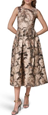 Donna Karan New York Floral Metallic Jacquard Cocktail Midi Dress