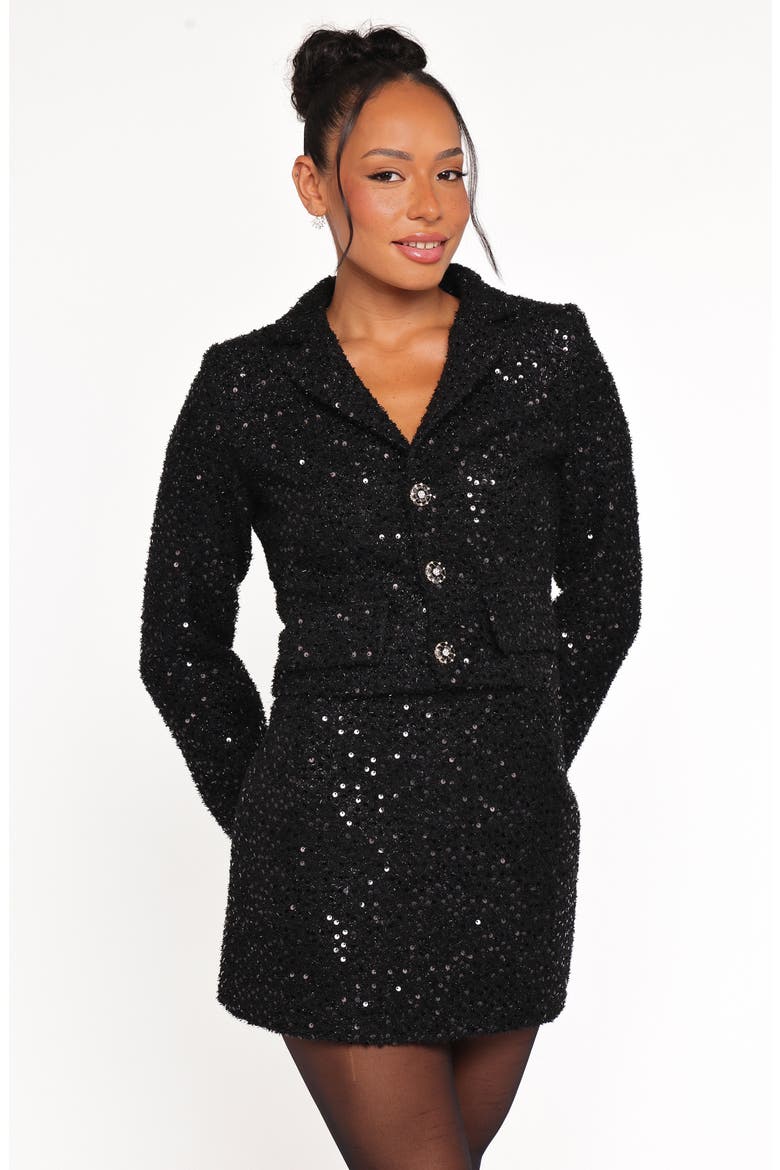 Valentina Sequin Tweed Miniskirt, Alternate, color, BLACK