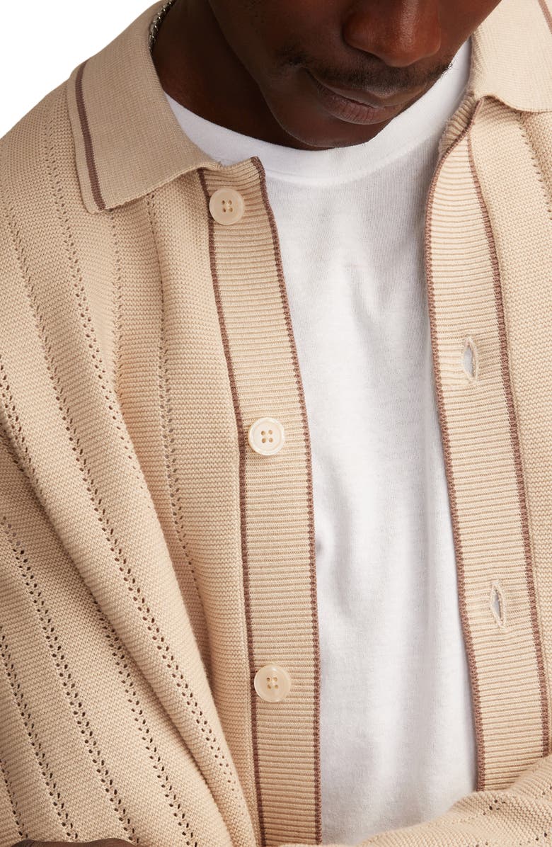 Lucky Brand Pointelle Stripe Cotton Blend Cardigan, Alternate, color, Oat Milk