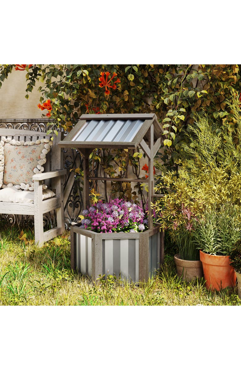 Outsunny Wooden Wishing Well Planter, Alternate, color, Light Gray