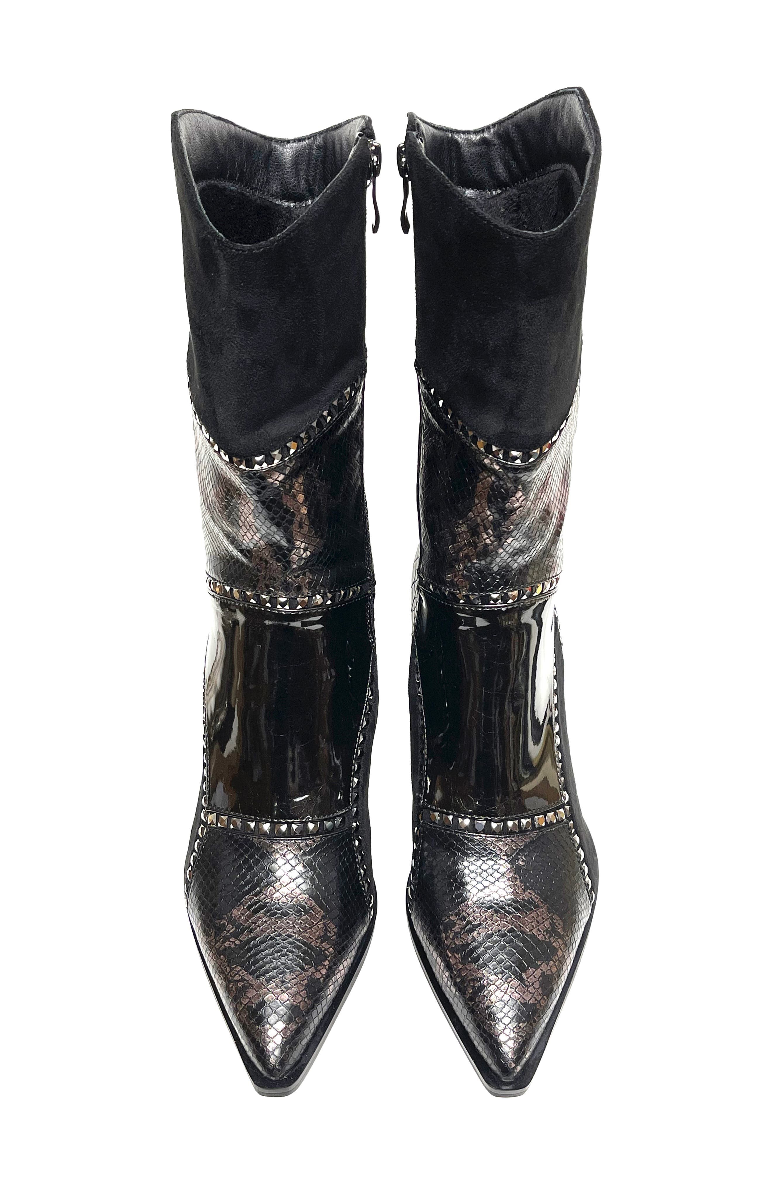 NINETY UNION Art Patchwork Studded Snake Embossed Boot, Alternate, color, Black