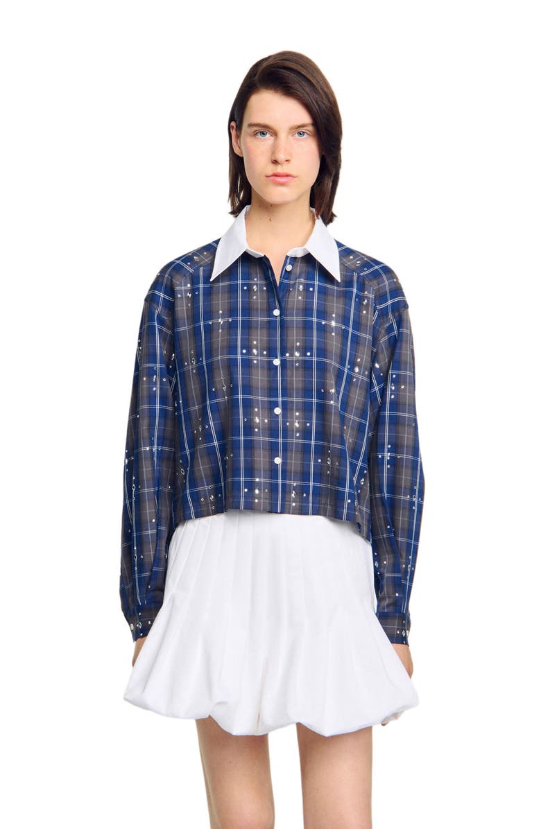 SANDRO Rhinestone checkered collar shirt, Alternate, color, Blue