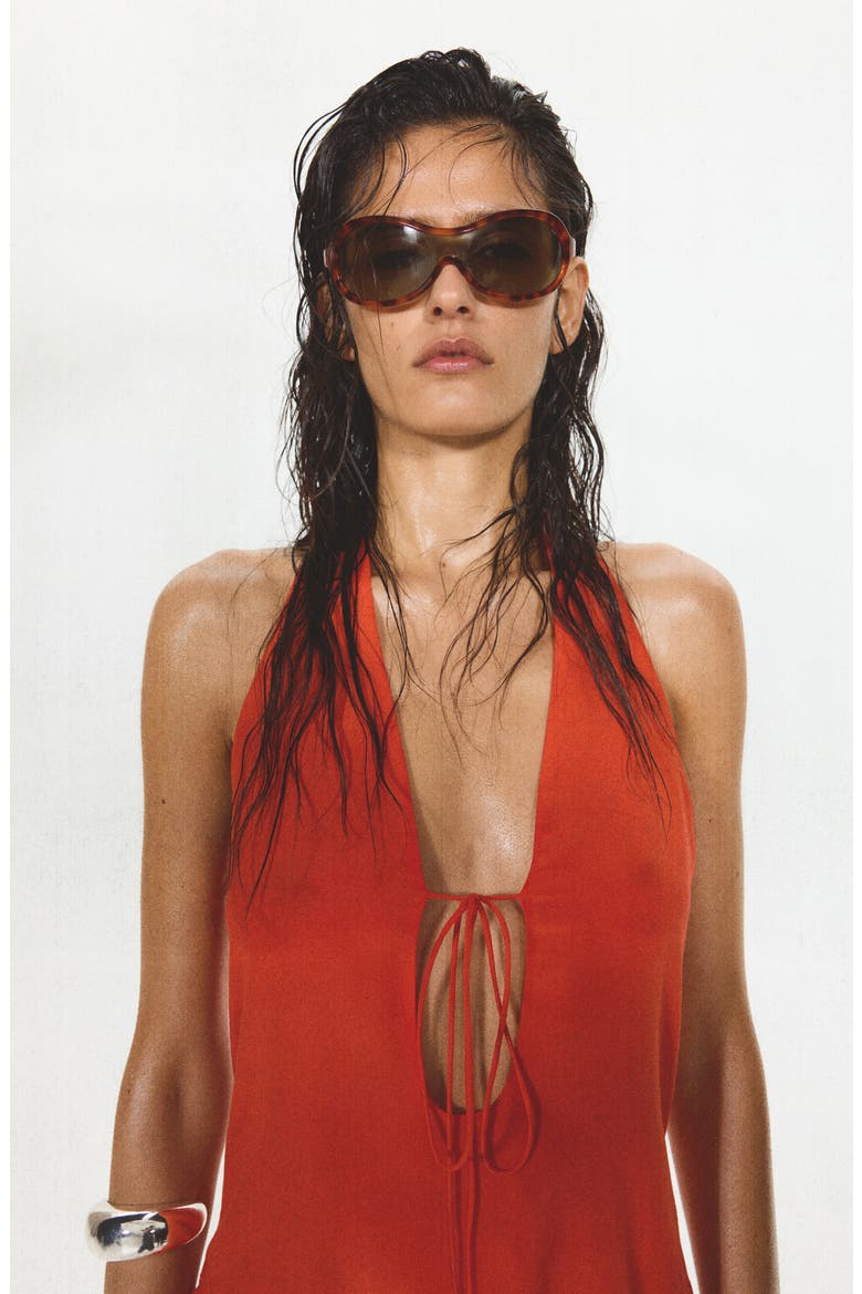Silk Overlay Halter Minidress, Alternate, color, RED