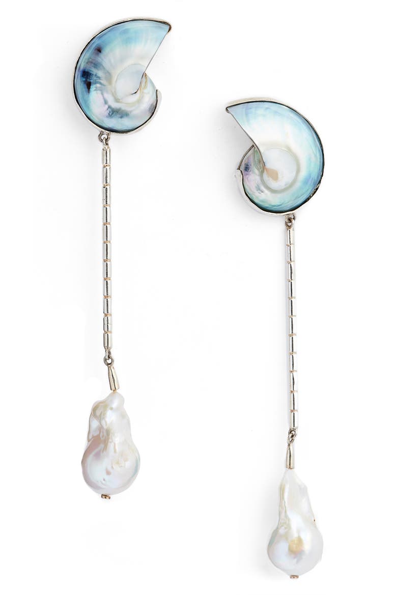 Shell & Freshwater Pearl Linear Drop Earrings, Main, color, FRESHWATER PEARL/SILVER