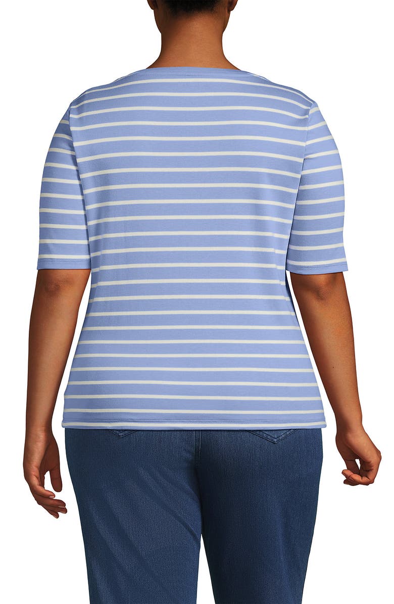 Lands' End Supima Cotton Elbow Sleeve Boatneck Button Shoulder Tee, Alternate, color, Periwinkle/Ivory Breton Stripe
