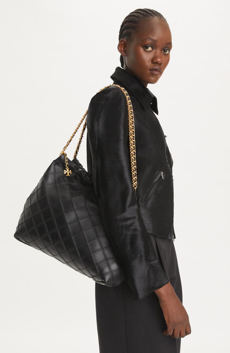 Tory Burch Fleming Quilted Leather Hobo Bag, Alternate, color, Black