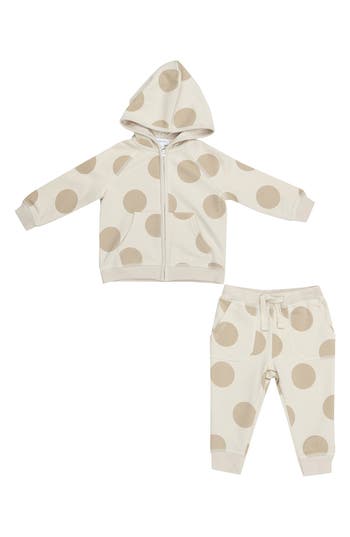 Angel Dear Beige Dot French Terry Zip Hoodie & Joggers Set In White