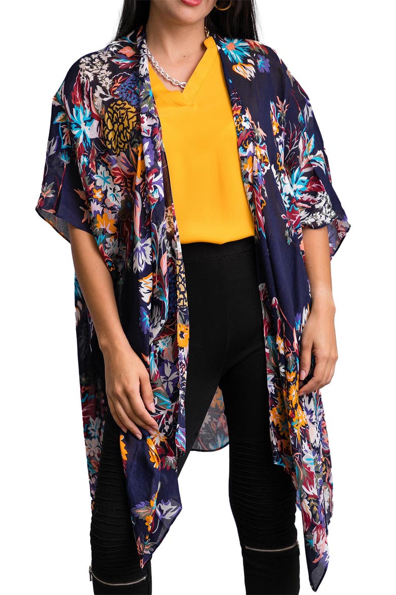 Floral Print Knit Duster, Main, color, NAVY
