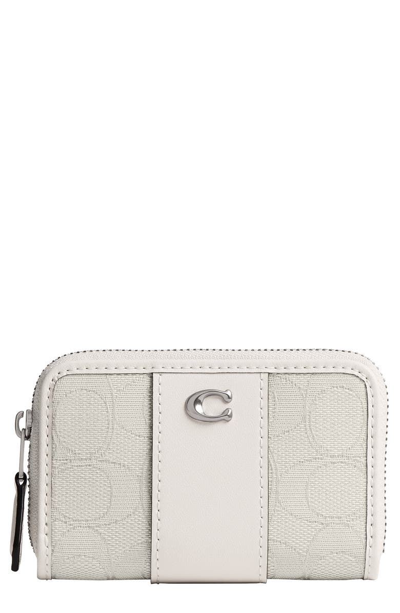 COACH Essential Signature Jacquard & Leather Zip Around Card Holder, Main, color, Cloud Chalk