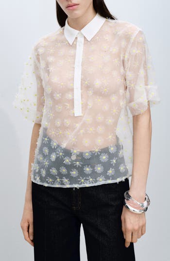 Mango Dacy Floral Embroidered Shirt In White