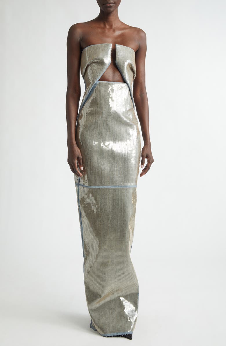 Rick Owens Temple Prong Sequin Stretch Denim Cutout Strapless Gown, Main, color, Blue/ Sand