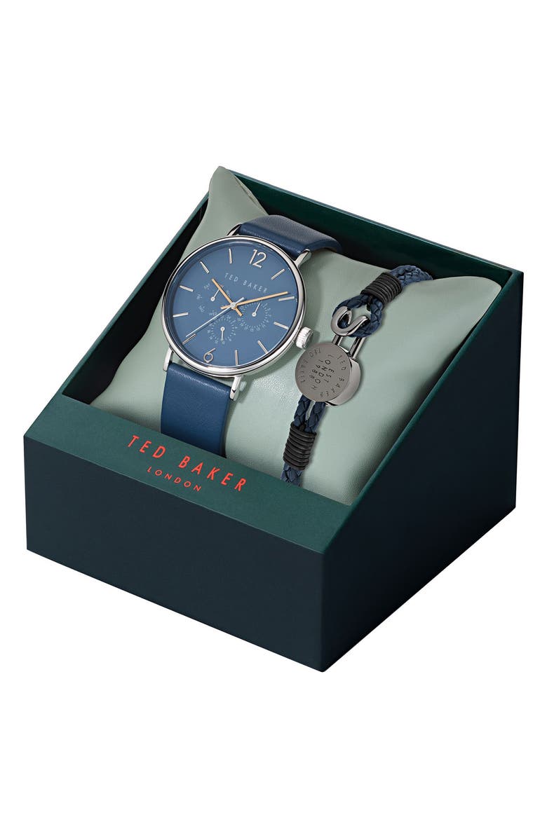 Ted Baker Phylipa Leather Strap Multifunction Watch & Bracelet Set, Alternate, color, Stainless Steel