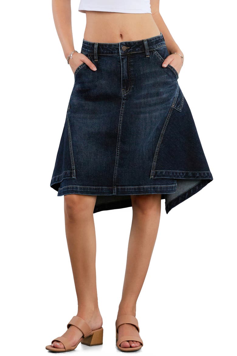 The Austin Asymmetric Hem Pieced Denim Midi Skirt, Main, color, UPSTATE BLUE