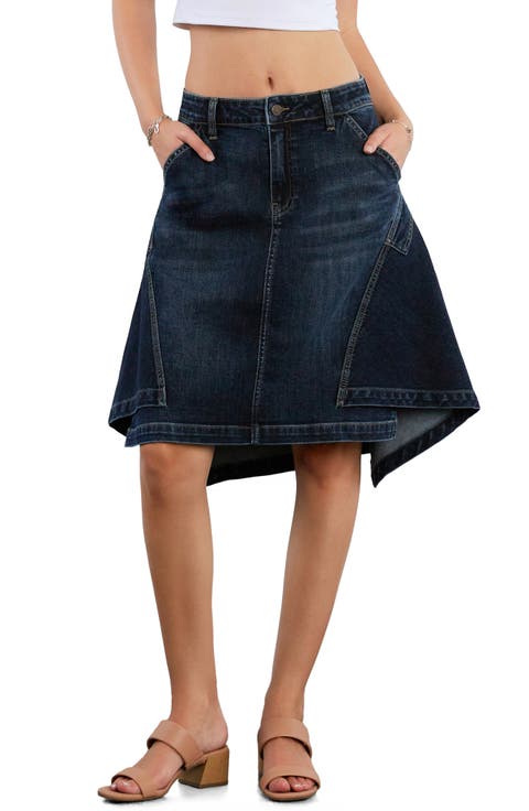 The Austin Asymmetric Hem Pieced Denim Midi Skirt