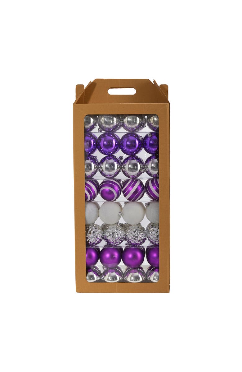 NEARLY NATURAL Holiday Shatterproof, Purple, 64 Count Christmas Tree Ornament Set, 80mm, Main, color, Purple