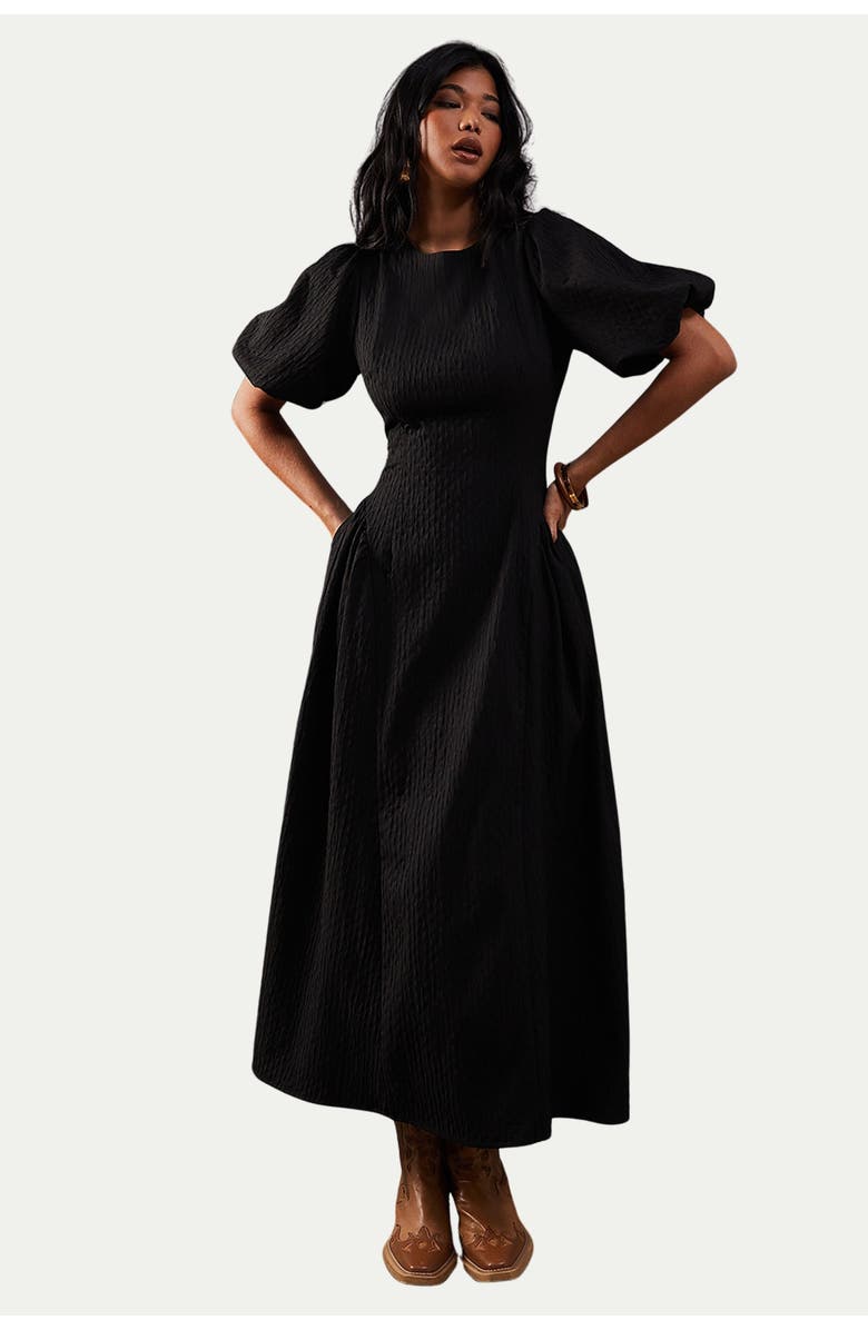 Warehouse Seersucker Puff Sleeve Midi Dress, Main, color, Black