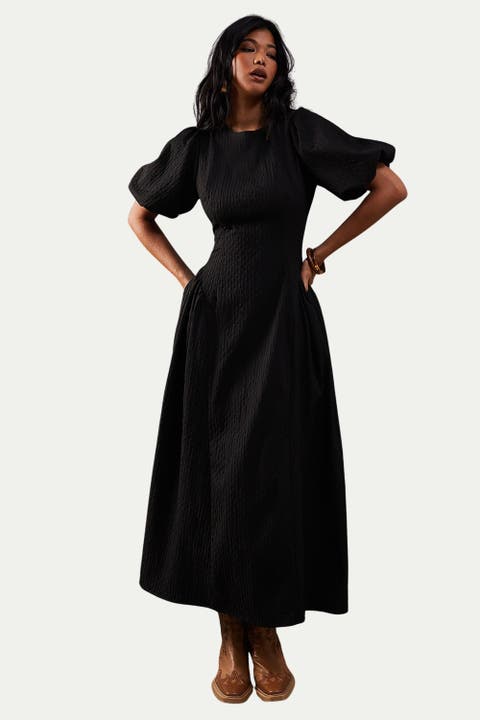 Seersucker Puff Sleeve Midi Dress