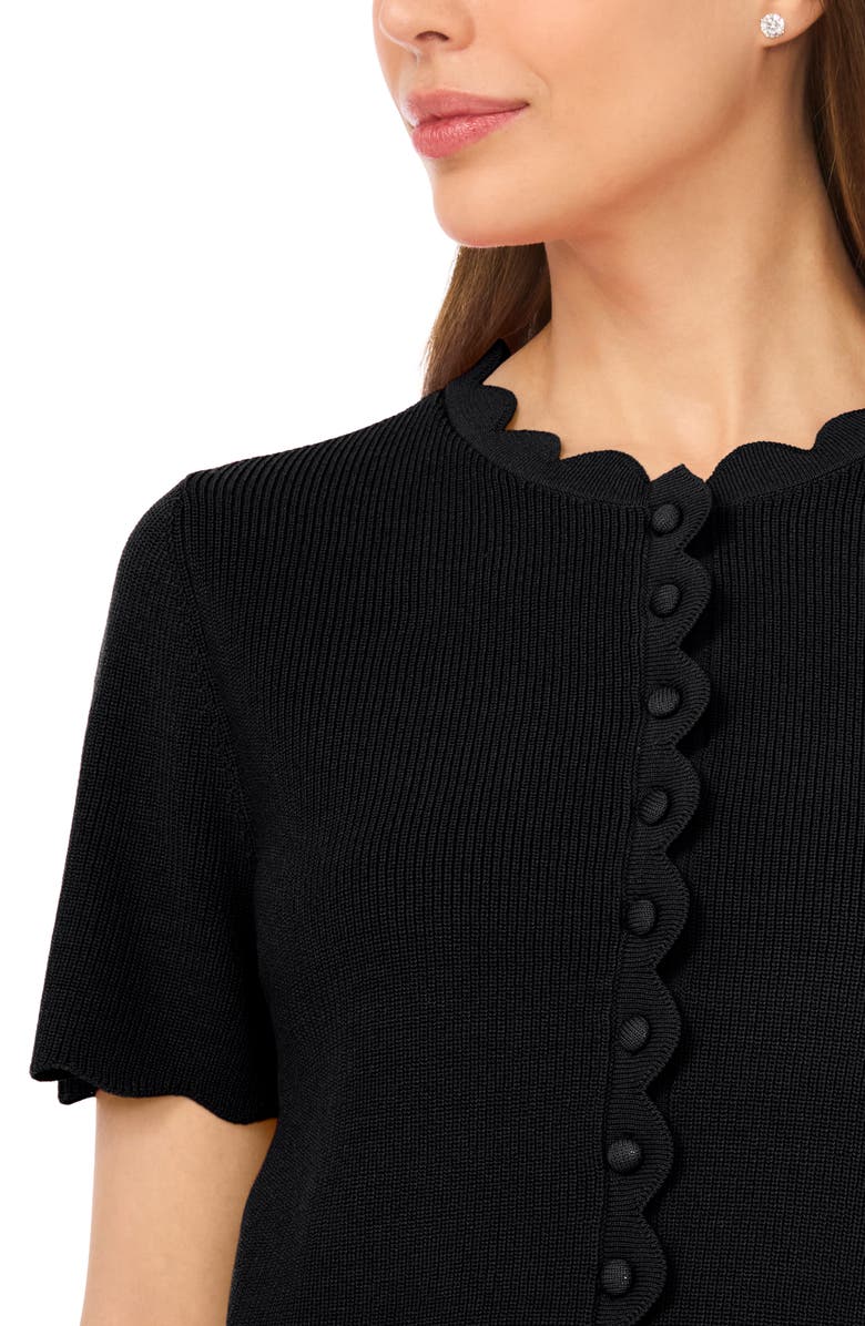 CeCe Scallop Edge Short Sleeve Cardigan, Alternate, color, Rich Black