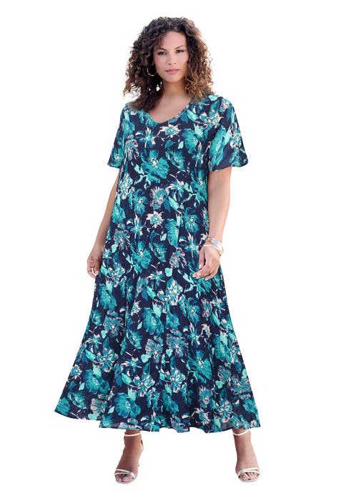 Plus Size Hand Crinkled Flutter-Sleeve Maxi Dress (Plus)
