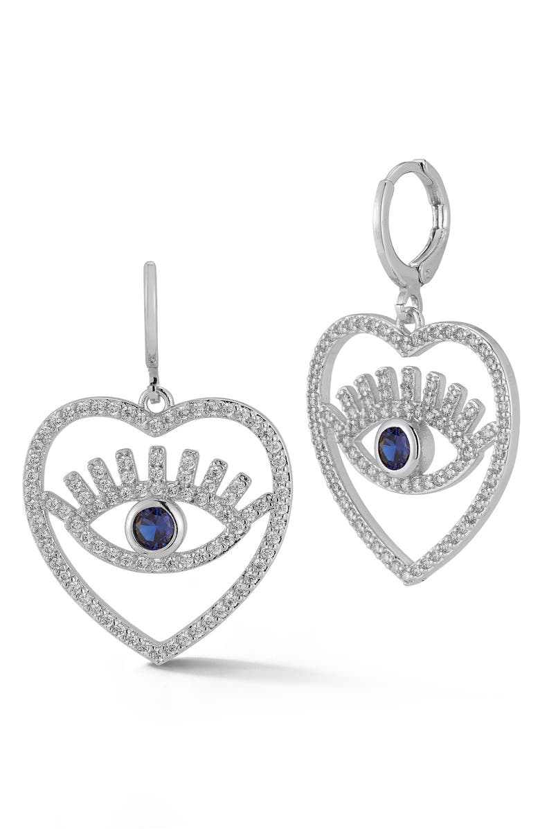 SPHERA MILANO Cubic Zirconia Evil Eye Heart Drop Earrings, Main, color, Silver