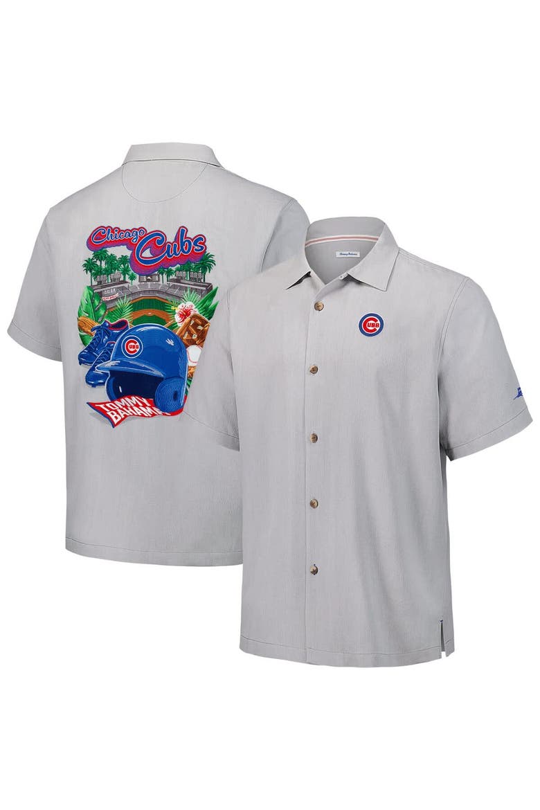 Men's Tommy Bahama Gray Chicago Cubs Hit and Run Silk Camp Button-Up Shirt, Alternate, color, Gray