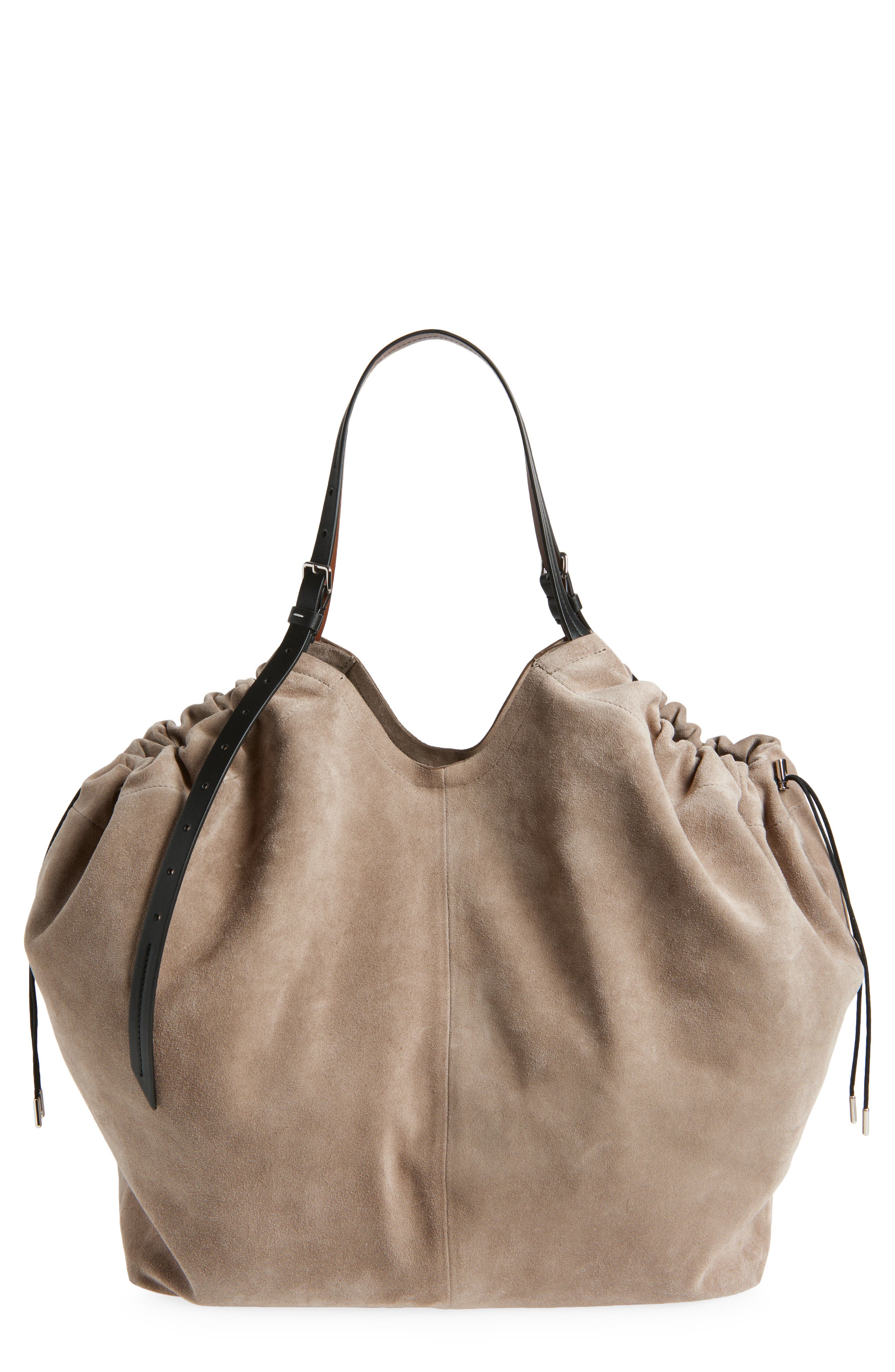 Maison Margiela Drawstring Suede Tote, Main, color, Vison/ Black/ Chestnut