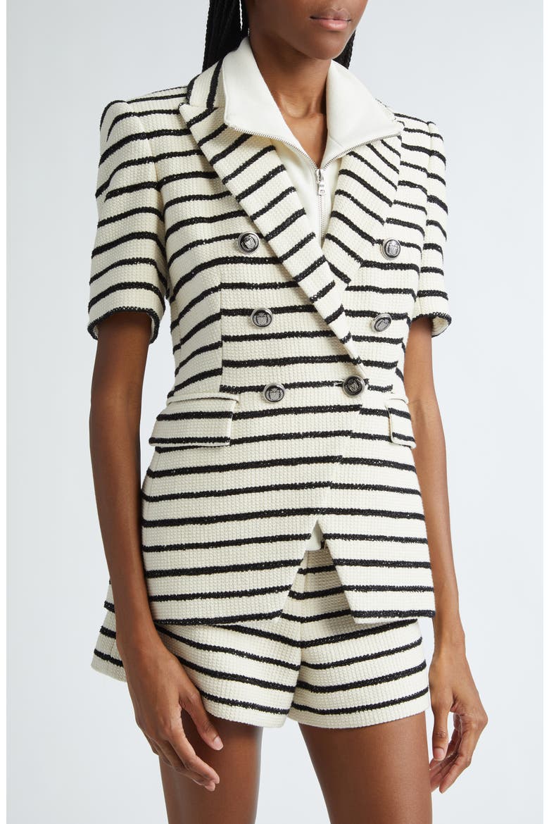 Jenny Stripe Short Sleeve Cotton Blend Dickey Jacket, Alternate, color, IVORY/ BLACK