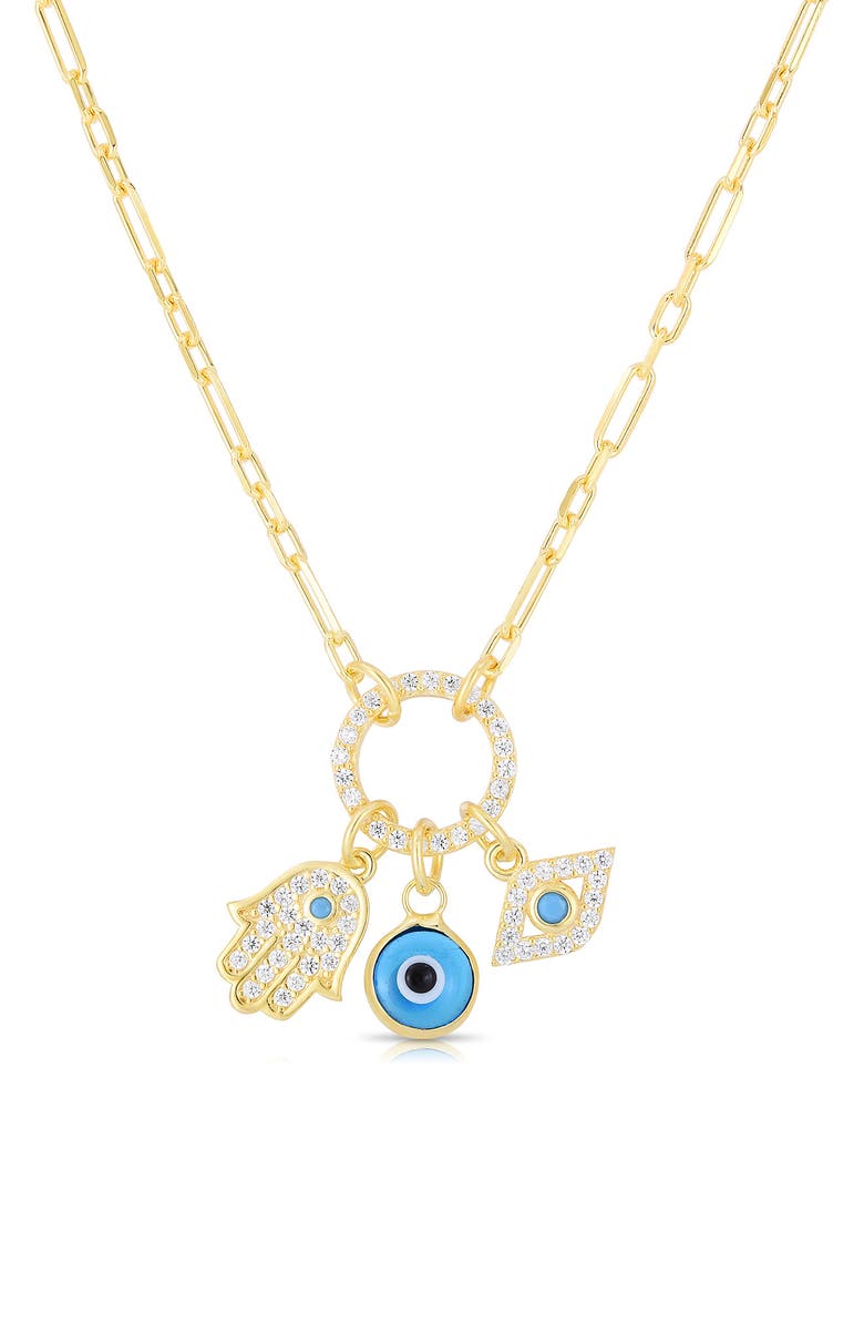 SPHERA MILANO 14K Gold Vermeil CZ Hamsa & Evil Eye Charm Pendant Necklace, Main, color, 