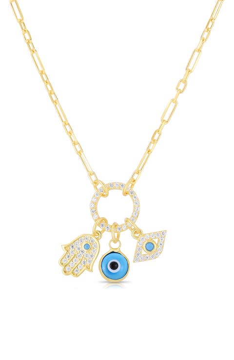 14K Gold Vermeil CZ Hamsa & Evil Eye Charm Pendant Necklace