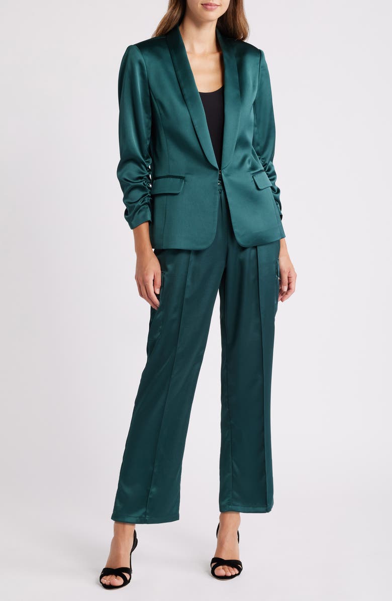 Tahari ASL Ruched Sleeve Satin Blazer, Alternate, color,