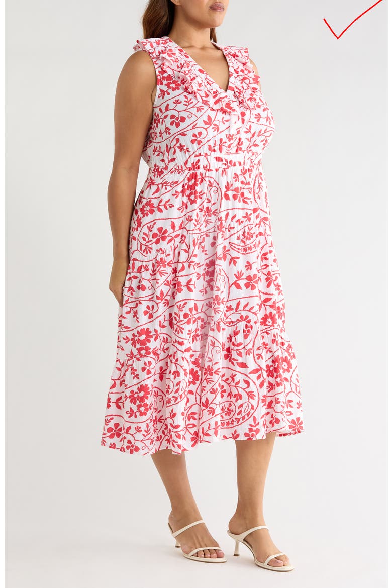 Ruffle Sleeveless Tiered Cotton Midi Dress, Alternate, color, WHITE- RED FLOWER PAISLEY