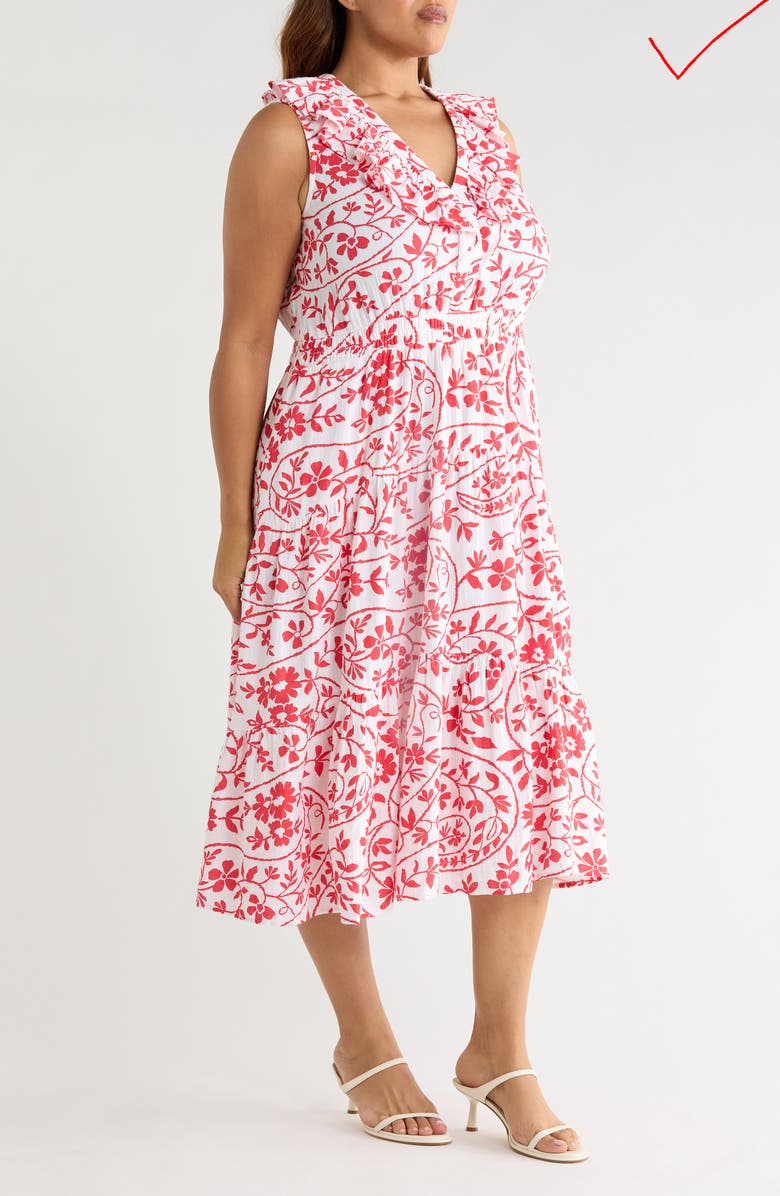 Caslon<sup>®</sup> Ruffle Sleeveless Tiered Cotton Midi Dress, Alternate, color, White- Red Flower Paisley